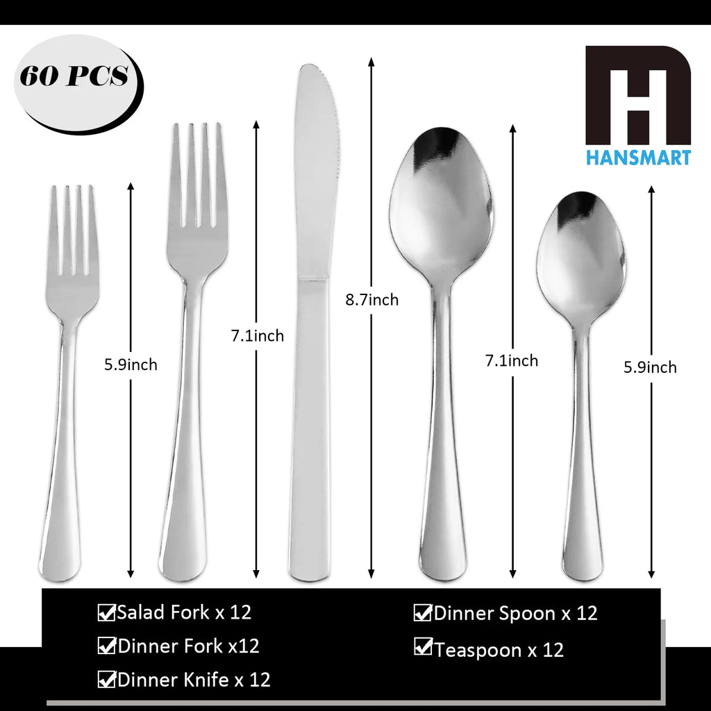 60Pcs Stainless Steel Flatware Set Service for 12