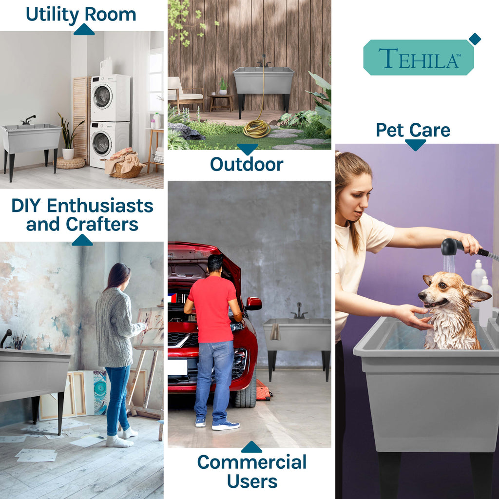 Tehila Freestanding Double-Wide Grey Utility Sink with Steel Legs & Black Pull-Out Faucet, Multi-Purpose Heavy-Duty Laundry Tub and Kitchen Sink for Homes & Business