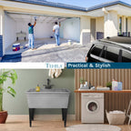 Tehila Freestanding Double-Wide Grey Utility Sink with Steel Legs & Black Pull-Out Faucet, Multi-Purpose Heavy-Duty Laundry Tub and Kitchen Sink for Homes & Business