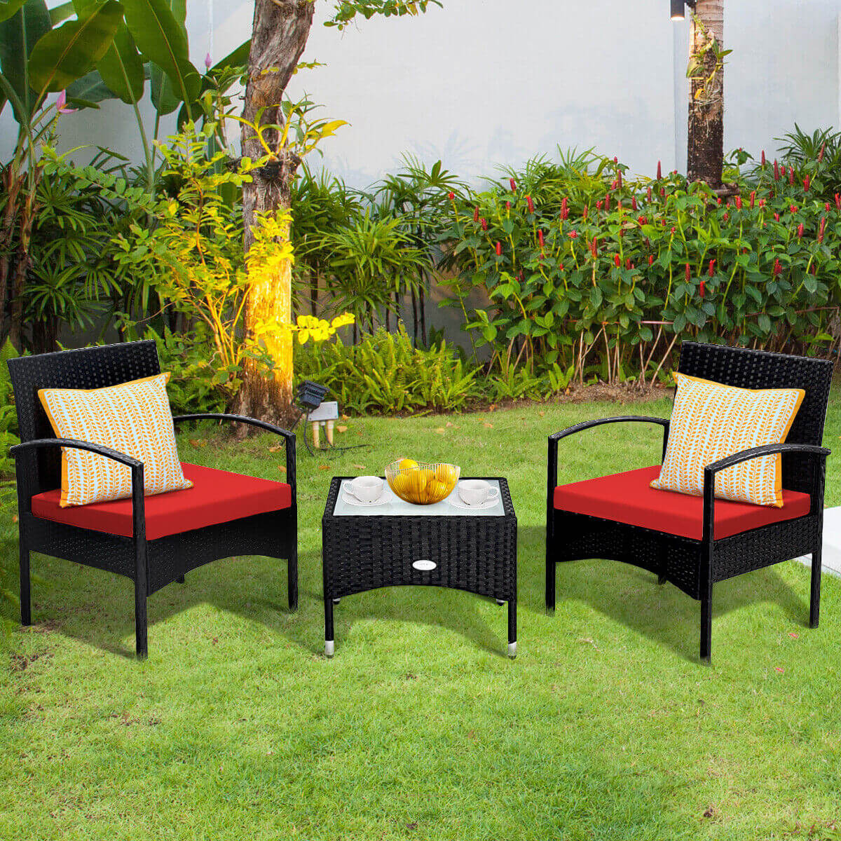 3 Pieces Patio Wicker Rattan Furniture Set with Cushion for Lawn