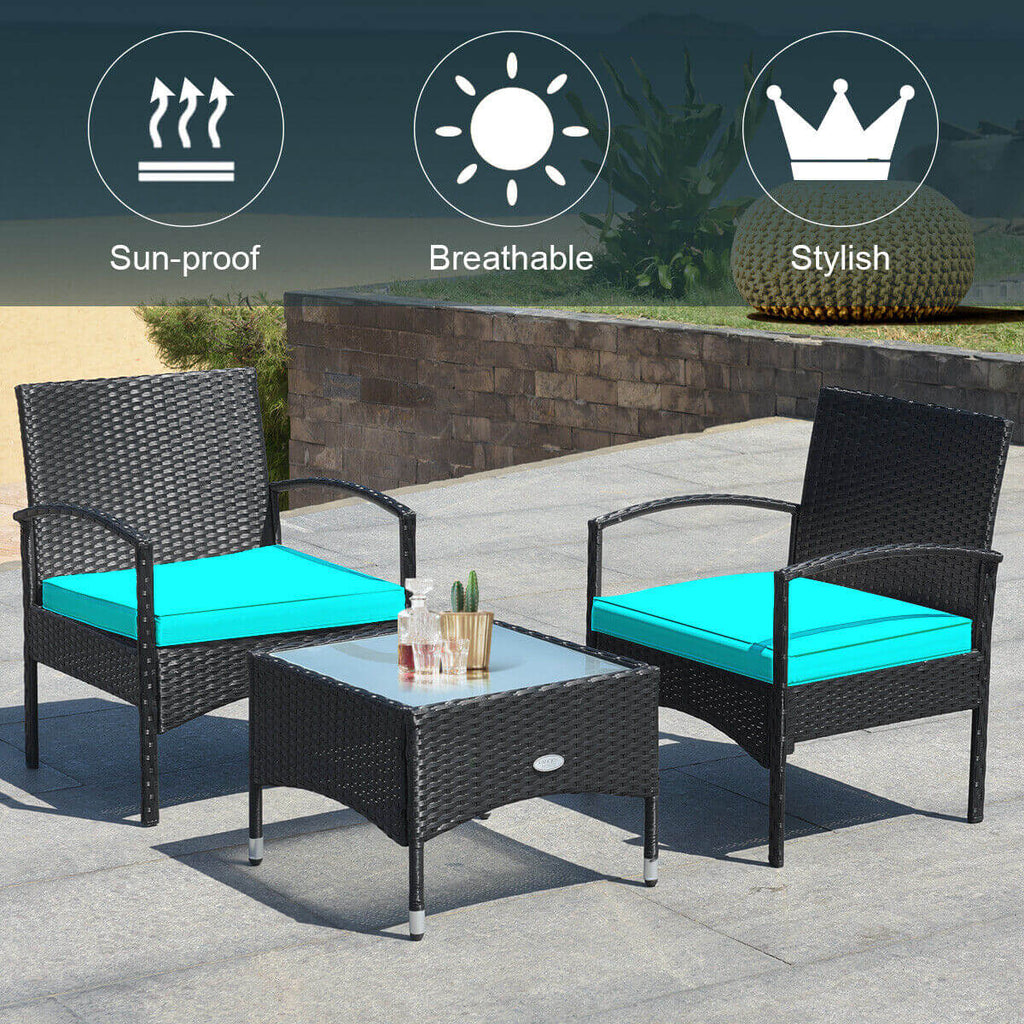3 Pieces Patio Wicker Rattan Furniture Set with Cushion for Lawn