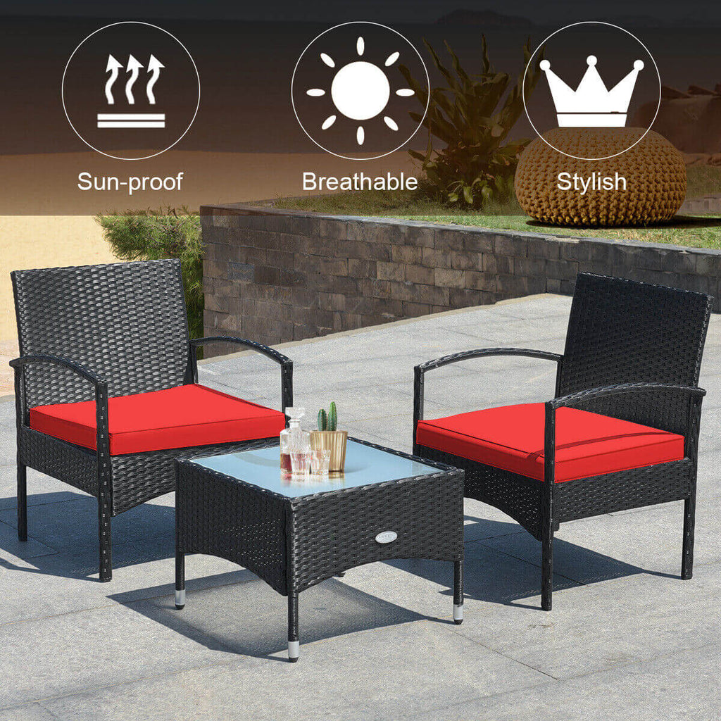 3 Pieces Patio Wicker Rattan Furniture Set with Cushion for Lawn