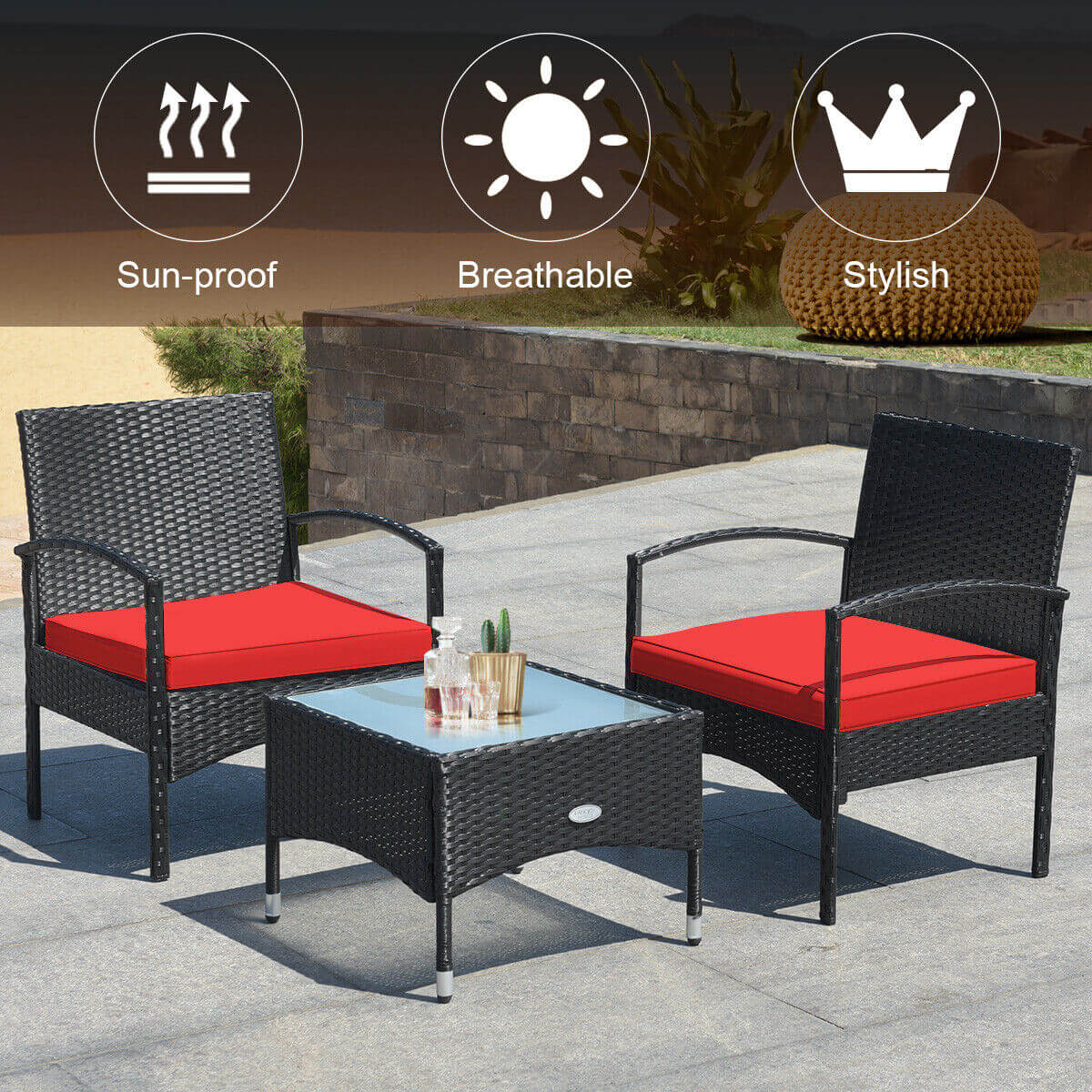 3 Pieces Patio Wicker Rattan Furniture Set with Cushion for Lawn