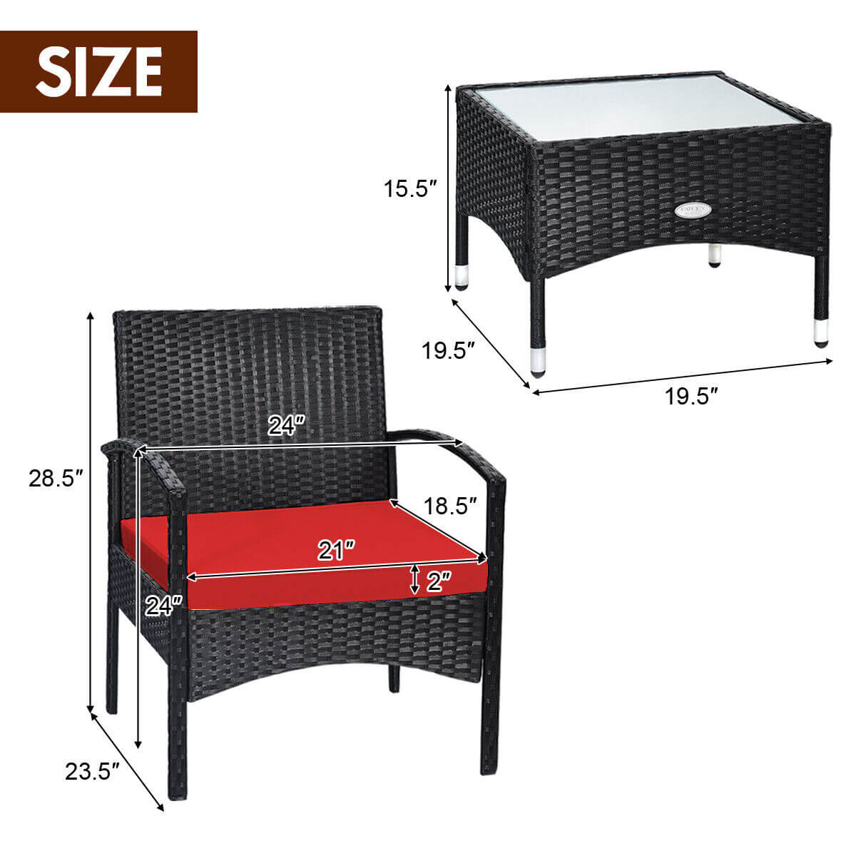 3 Pieces Patio Wicker Rattan Furniture Set with Cushion for Lawn