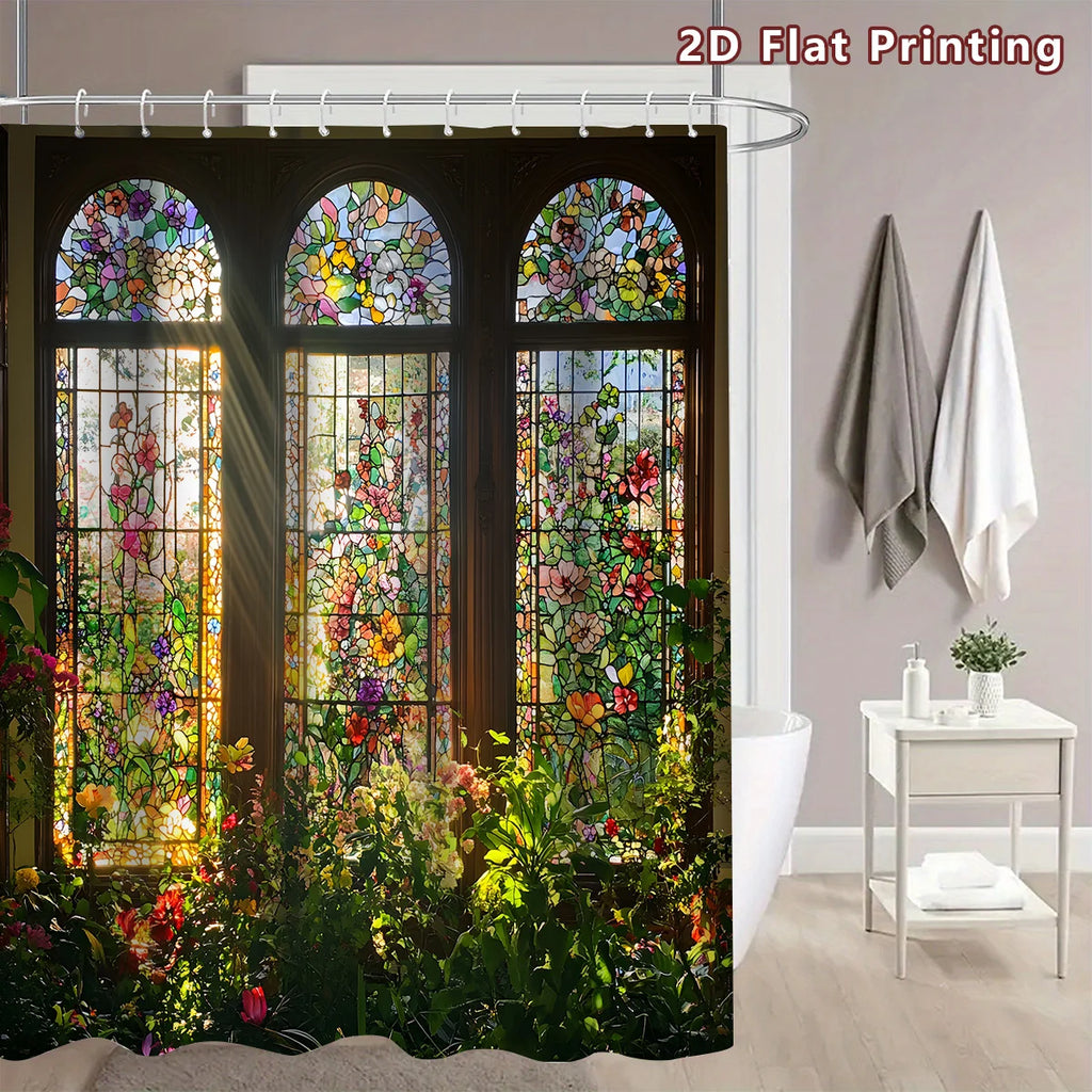 2D Flat, 1pc 2D Stained - Glass Floral Shower Curtain, Bathroom Decor