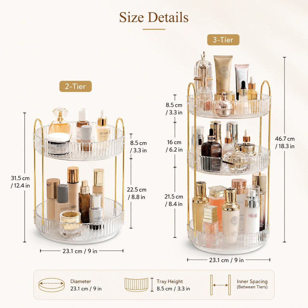 2 Tier 3 Tier Rotating Makeup Organizer 360 Degree Cosmetic Storage Rack