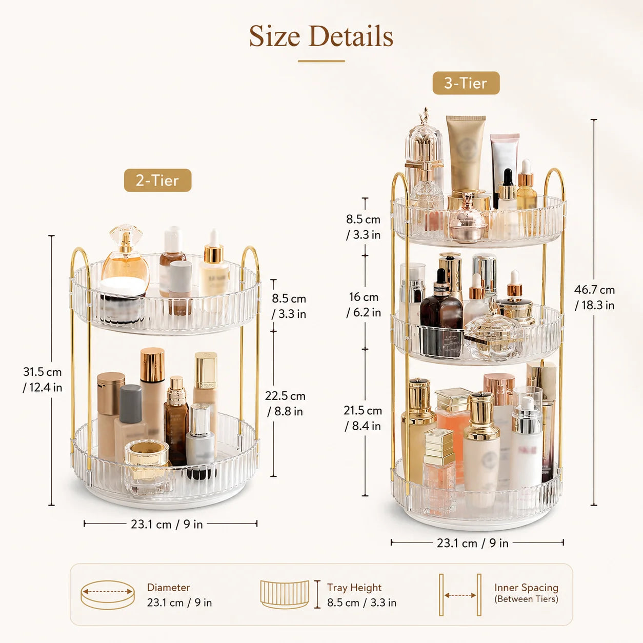 2 Tier 3 Tier Rotating Makeup Organizer 360 Degree Cosmetic Storage Rack