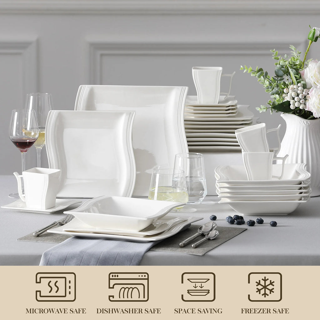 30/60 Piece White Porcelain Dinner Set with 12