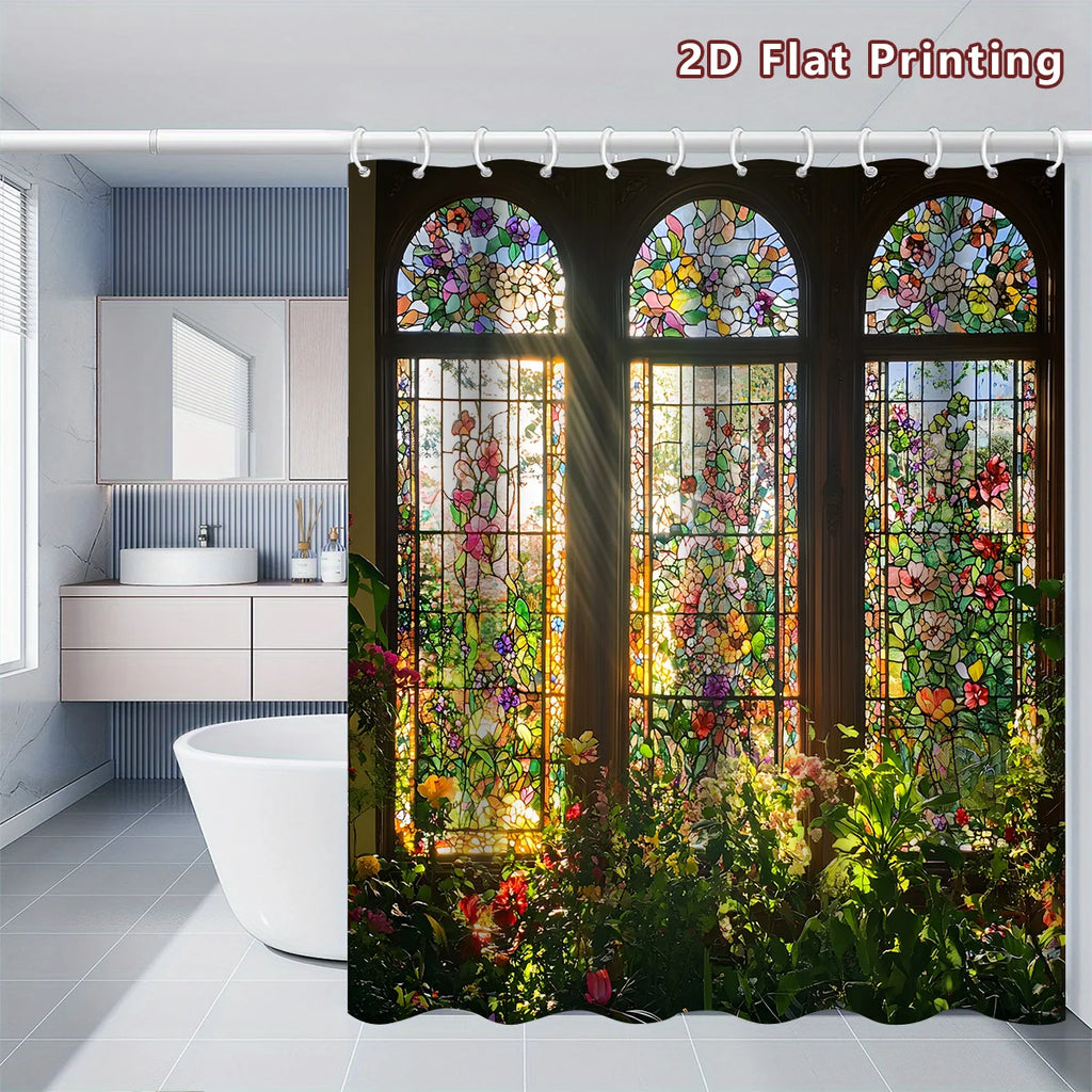 2D Flat, 1pc 2D Stained - Glass Floral Shower Curtain, Bathroom Decor