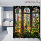 2D Flat, 1pc 2D Stained - Glass Floral Shower Curtain, Bathroom Decor