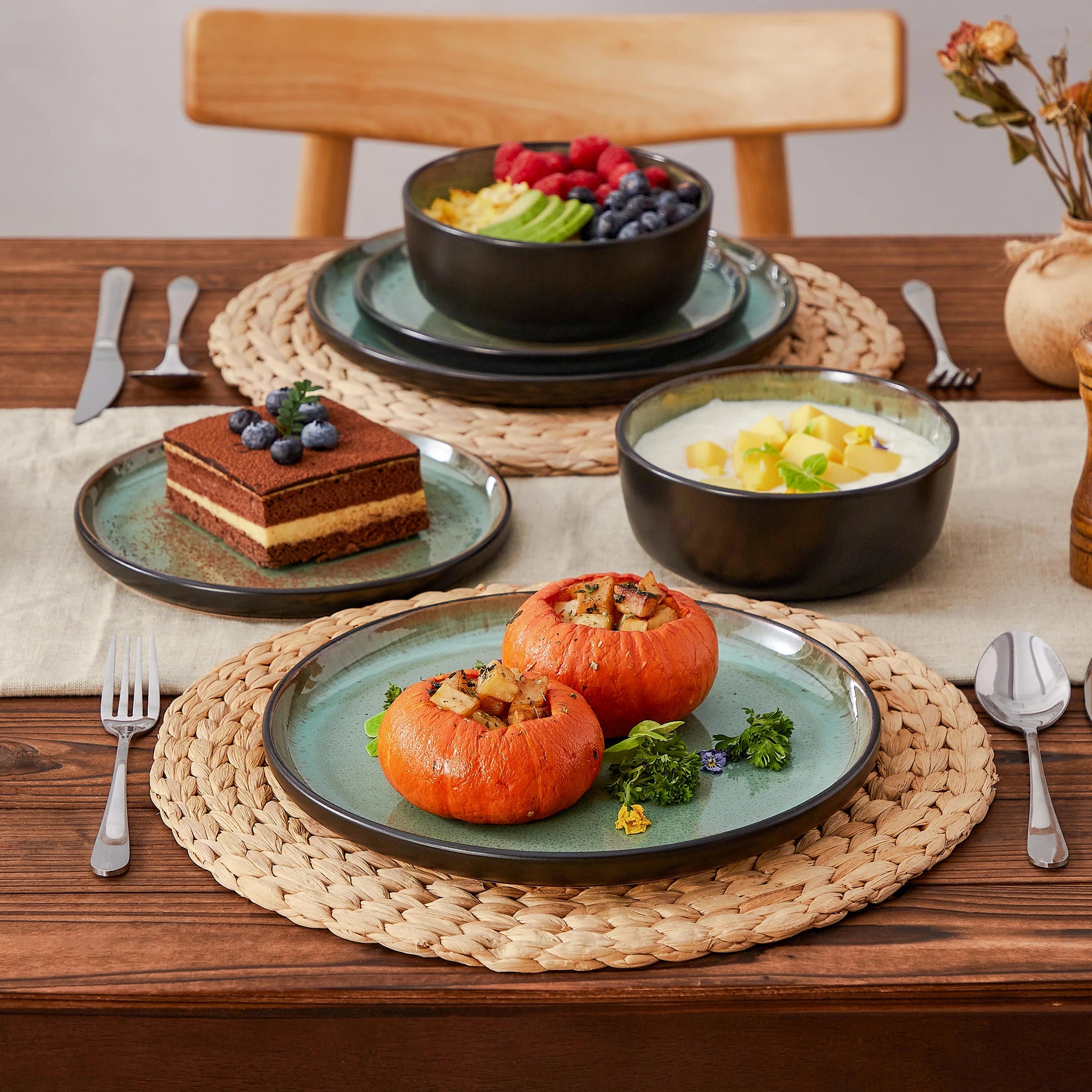 12/16 Piece Ceramic Dinnerware Set Matte Black Stoneware