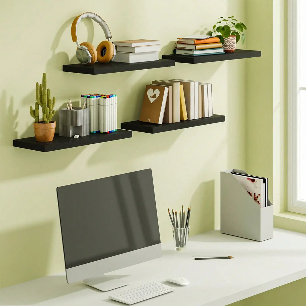 4 Pack Floating Shelves Modern Black Wood Wall Shelves