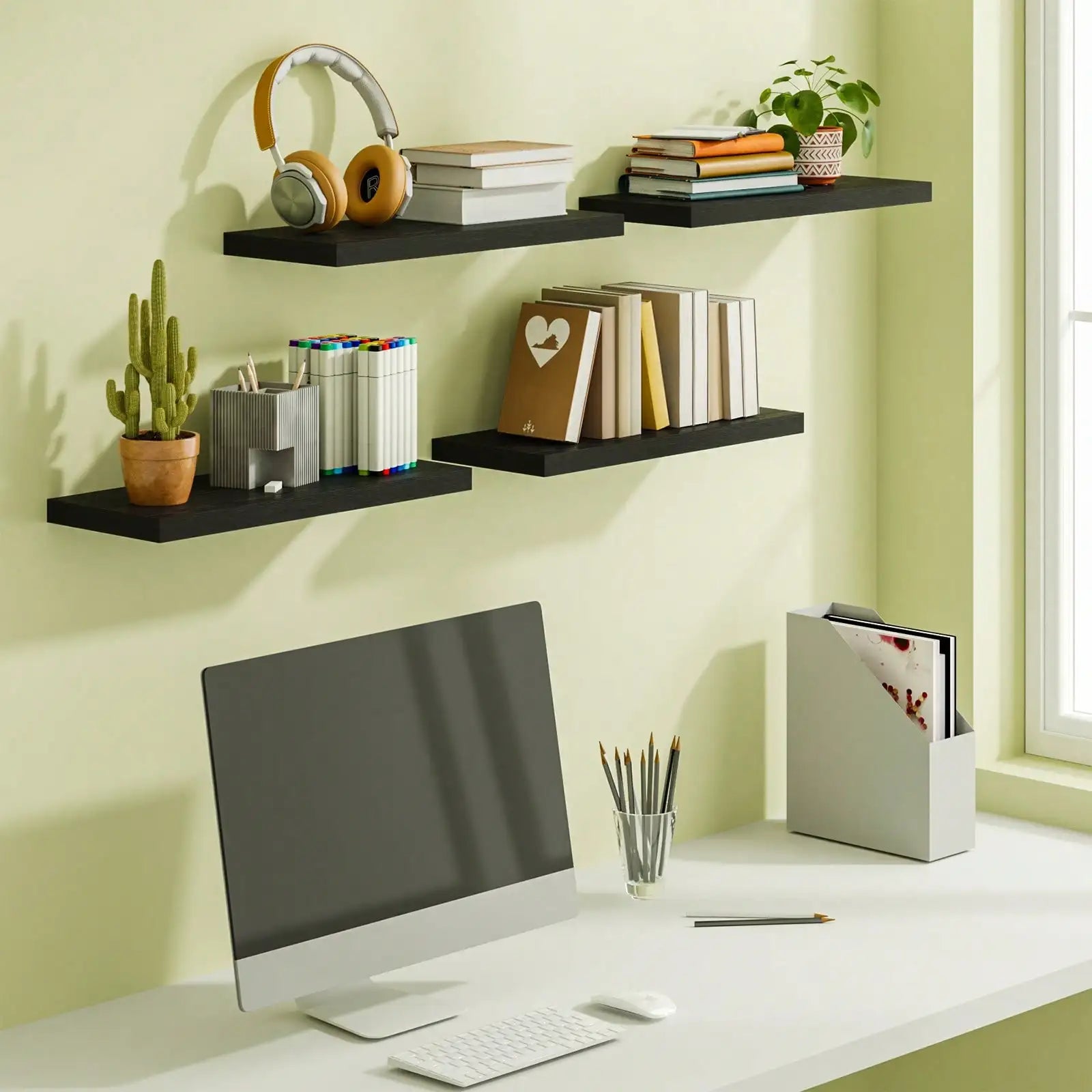 4 Pack Floating Shelves Modern Black Wood Wall Shelves