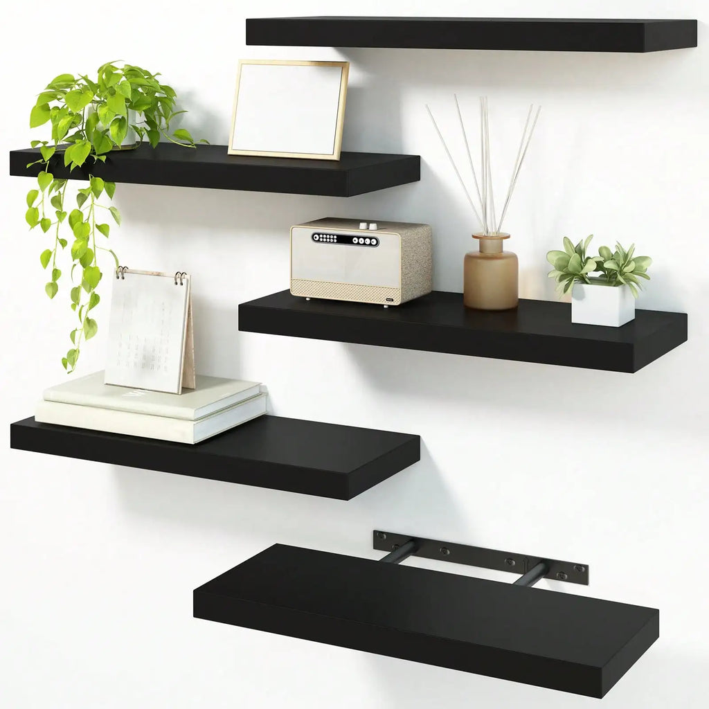4 Pack Floating Shelves Modern Black Wood Wall Shelves