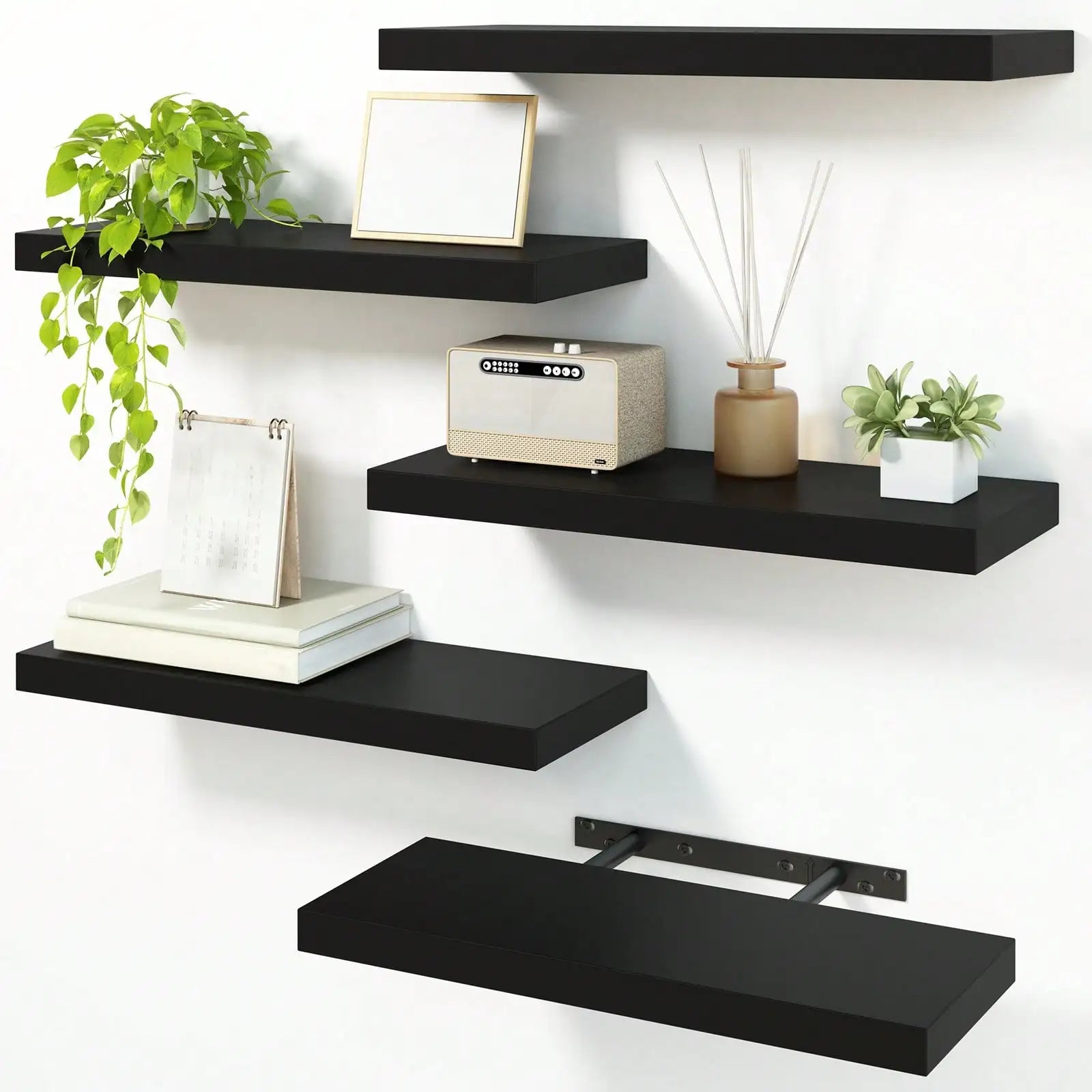4 Pack Floating Shelves Modern Black Wood Wall Shelves