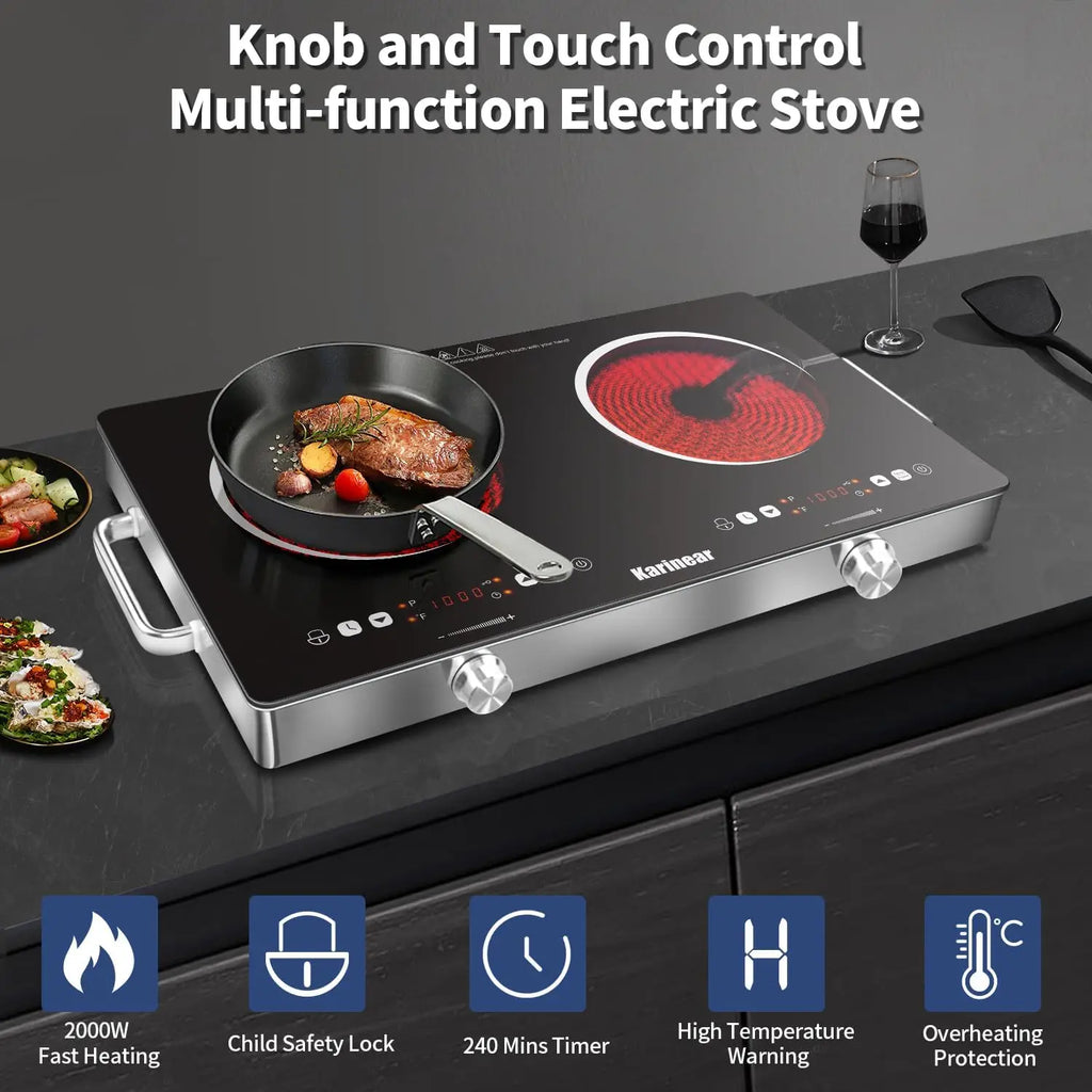 Ceramic Hob 2 Zones, 3200W Plug in Electric Hob with Safety Lock,