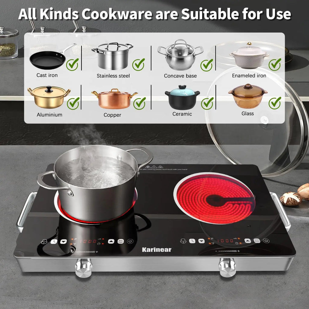 Ceramic Hob 2 Zones, 3200W Plug in Electric Hob with Safety Lock,