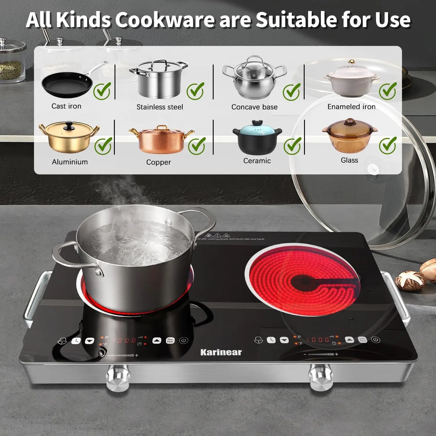 Ceramic Hob 2 Zones, 3200W Plug in Electric Hob with Safety Lock,