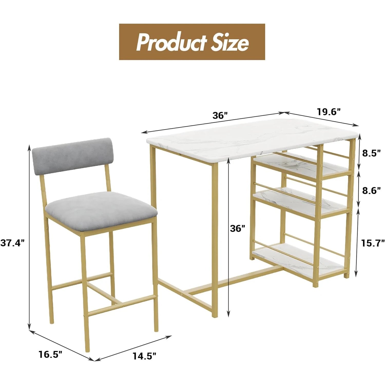 3 Piece Modern Bar Table Set for 2, Space Saving Counter Height Dining Table
