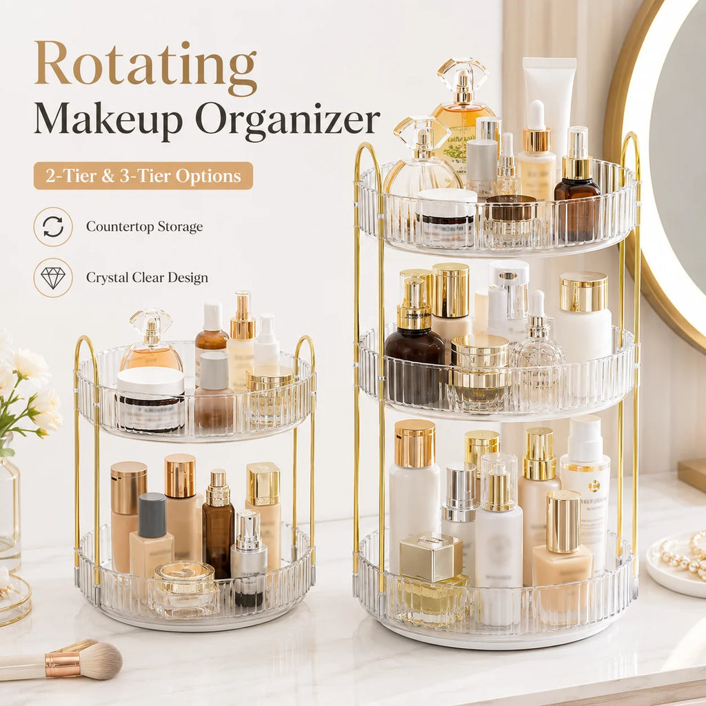2 Tier 3 Tier Rotating Makeup Organizer 360 Degree Cosmetic Storage Rack