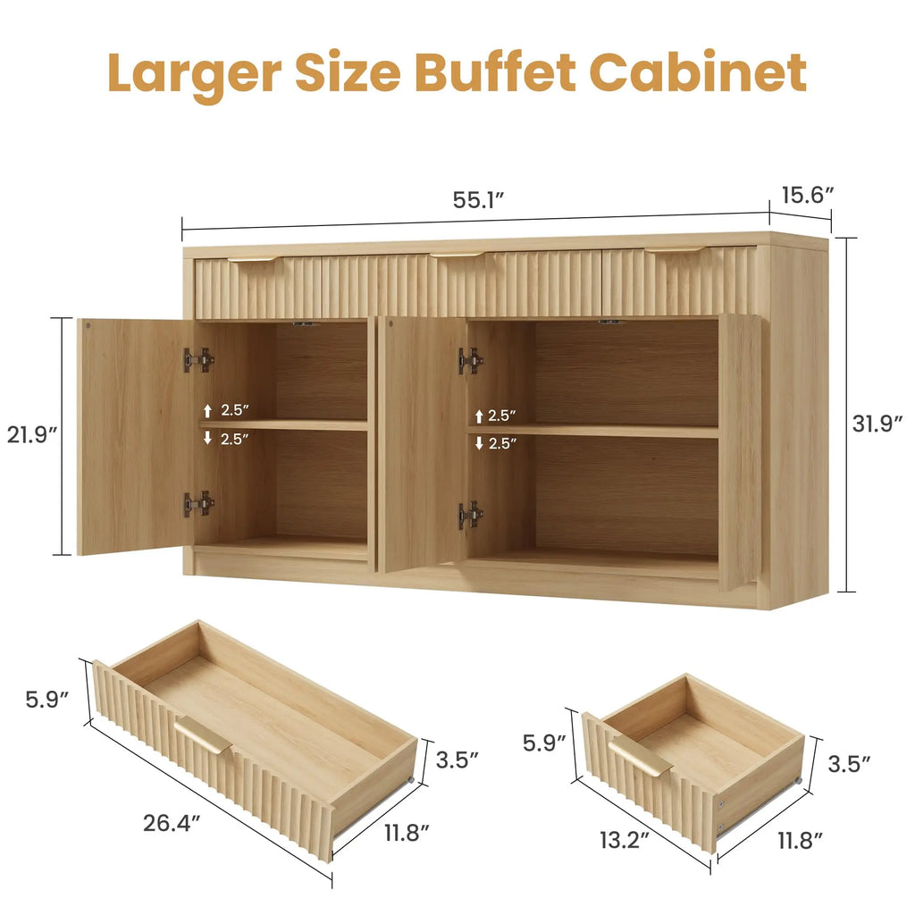 55 Inch Fluted Buffet Sideboard Cabinet