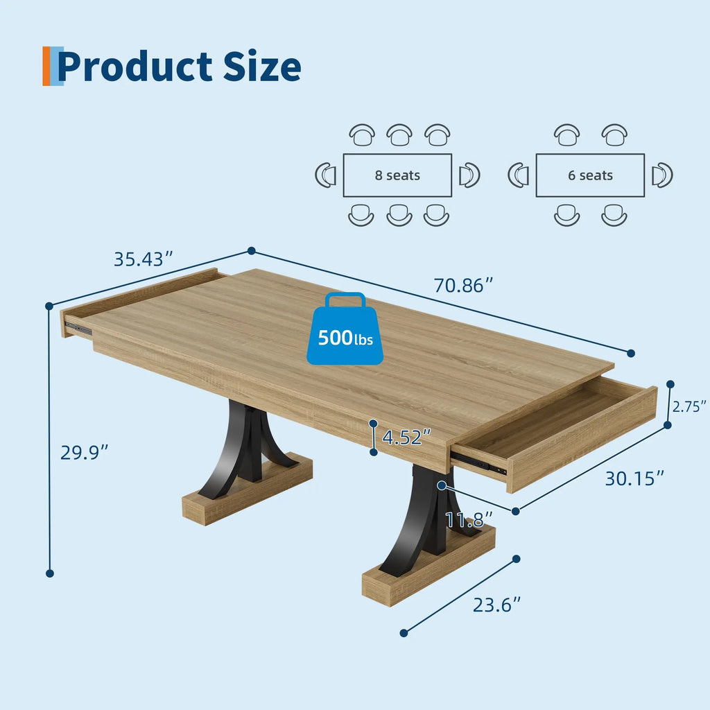 71 Inch Dining Table For 6-8 With 2 Drawers