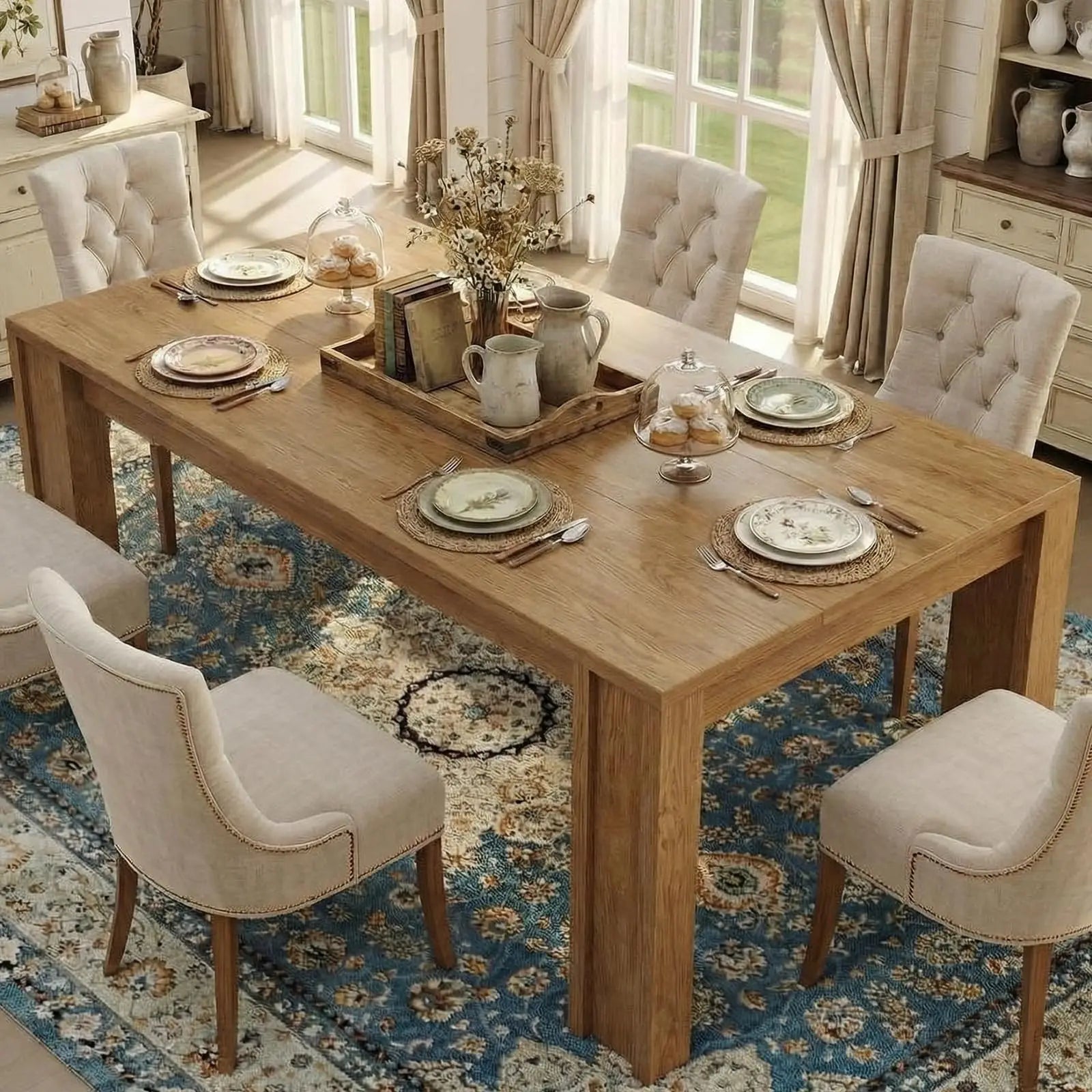 71 Inch Farmhouse Dining Table For 6-8, Rectangular Wood