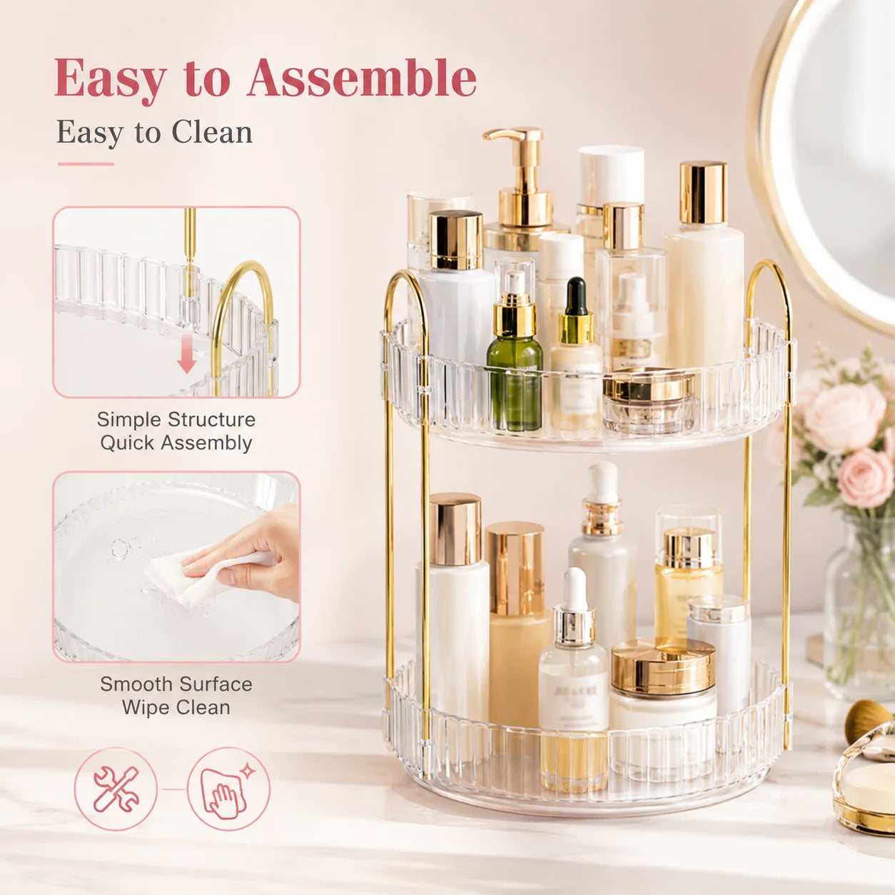 2 Tier 3 Tier Rotating Makeup Organizer 360 Degree Cosmetic Storage Rack