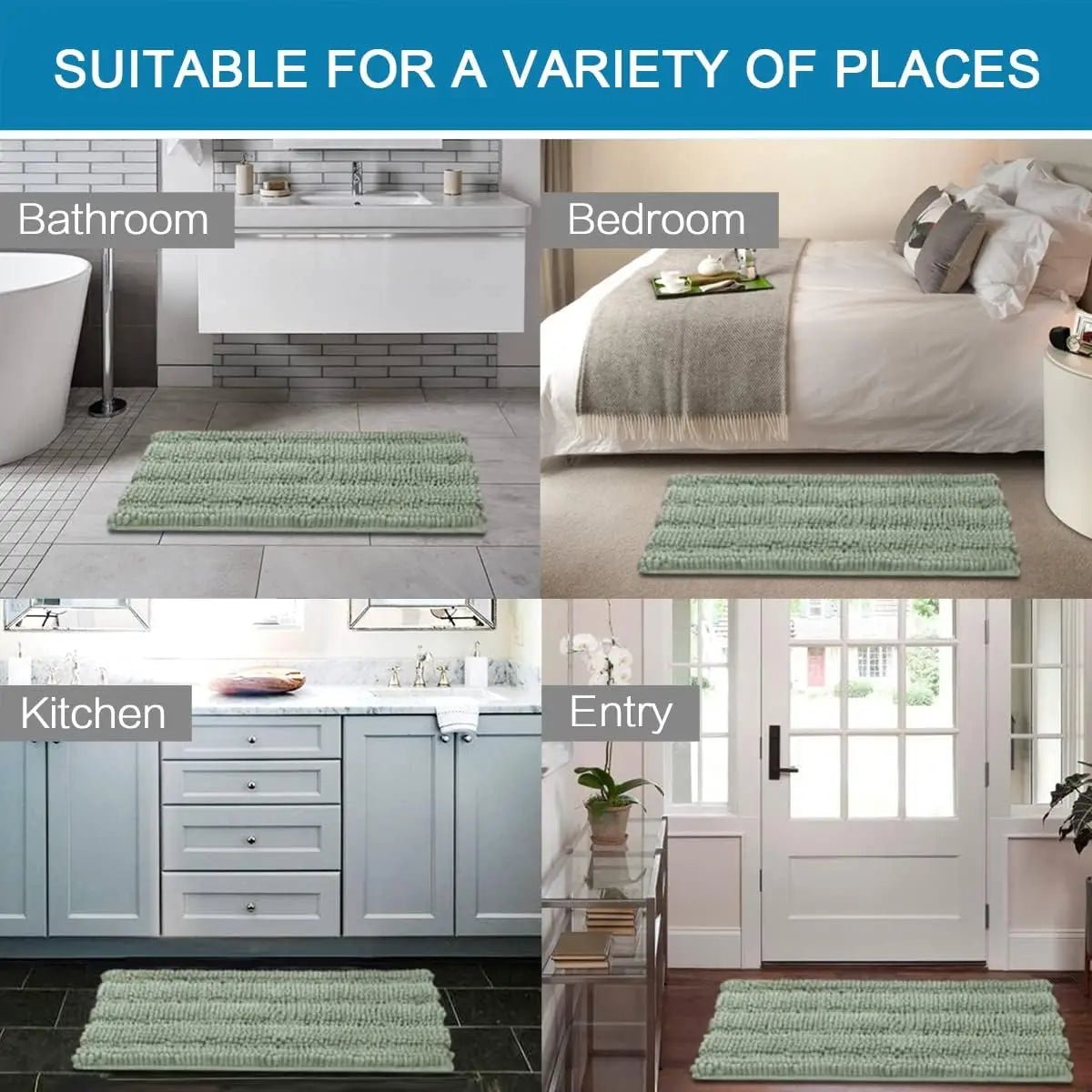 Sage Bathroom Rugs Set of 2 Extra Thick Chenille Striped Shaggy Bath