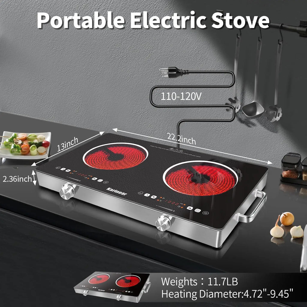 Ceramic Hob 2 Zones, 3200W Plug in Electric Hob with Safety Lock,