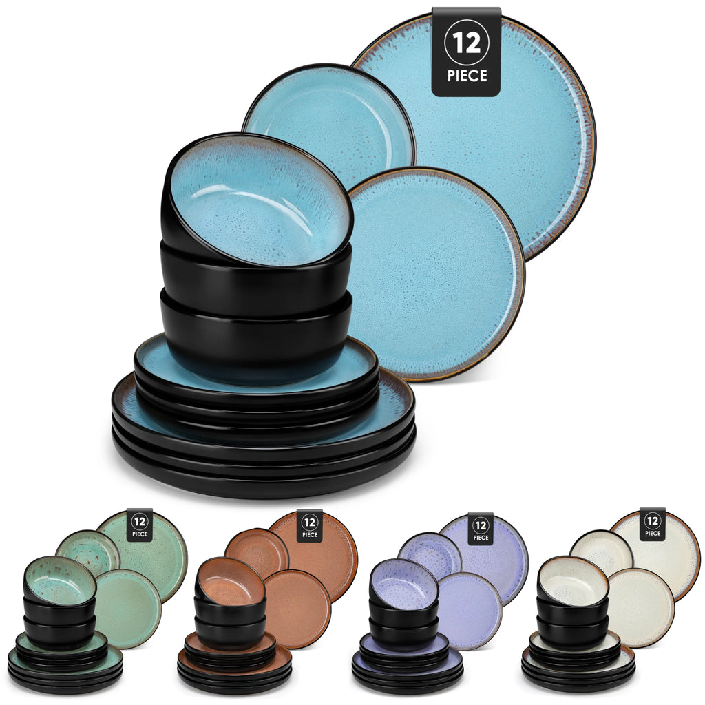 12/16 Piece Ceramic Dinnerware Set Matte Black Stoneware