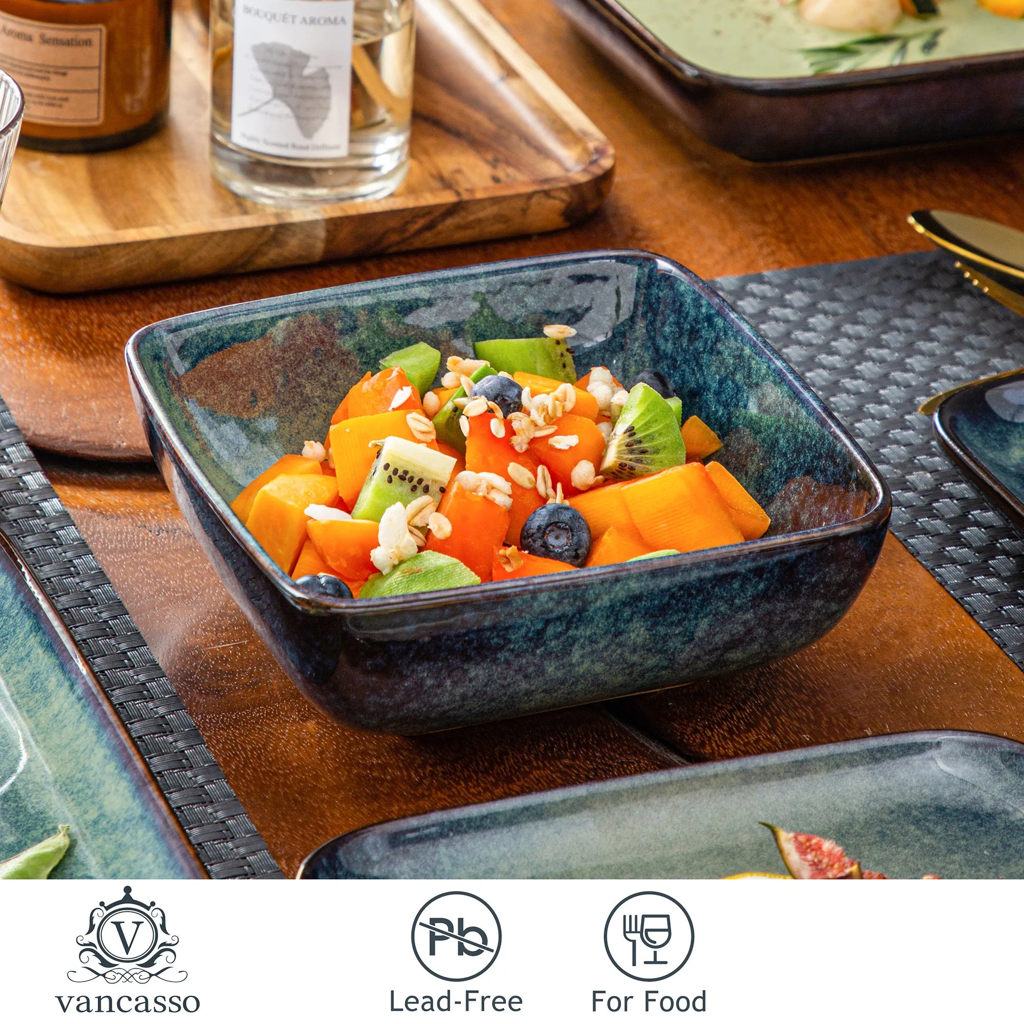 Dinner Set Green Square Kiln Change Glaze Tableware 16 Piece Kitchen Dinnerware