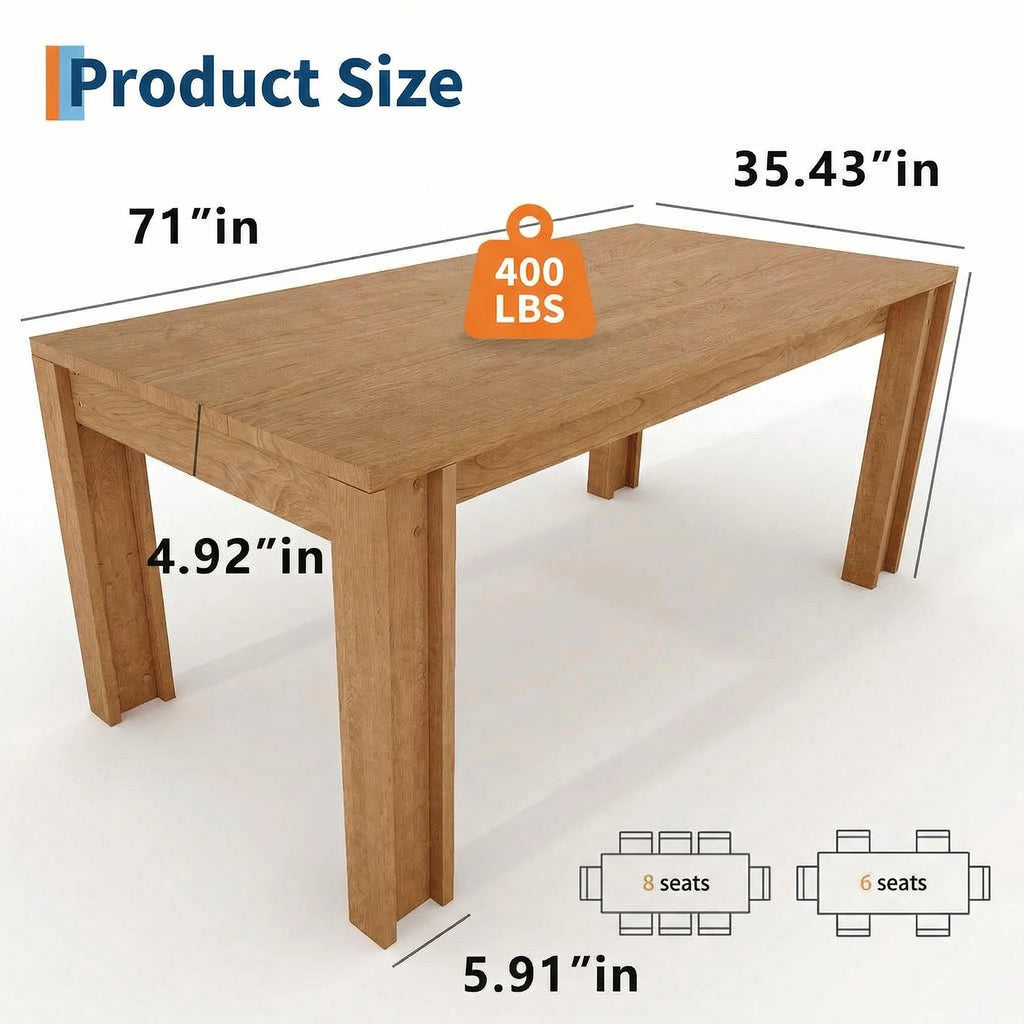 71 Inch Farmhouse Dining Table For 6-8, Rectangular Wood