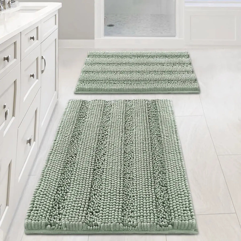 Sage Bathroom Rugs Set of 2 Extra Thick Chenille Striped Shaggy Bath
