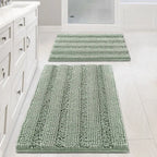 Sage Bathroom Rugs Set of 2 Extra Thick Chenille Striped Shaggy Bath
