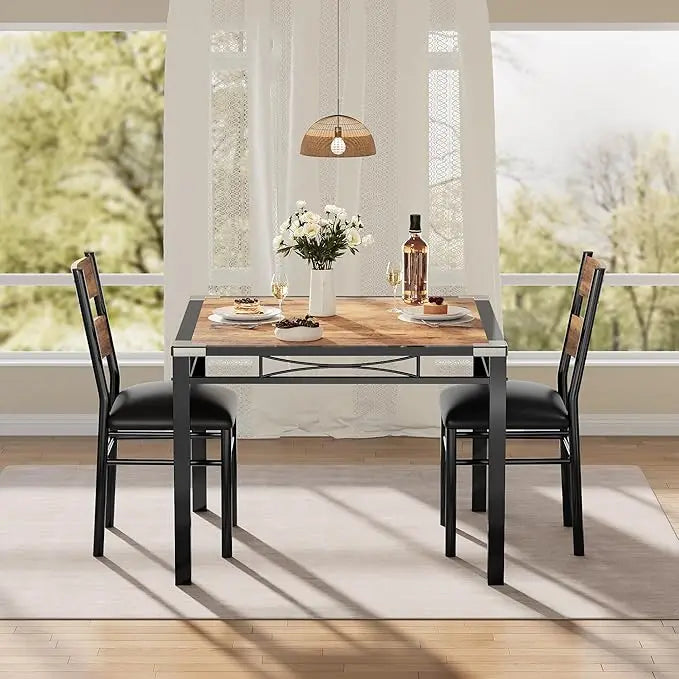 3pcs /set Dining Table Room with Corner Protector, Wood Kitchen Table and Chairs Set of 3 with Upholstered Chairs for Kitchen Room