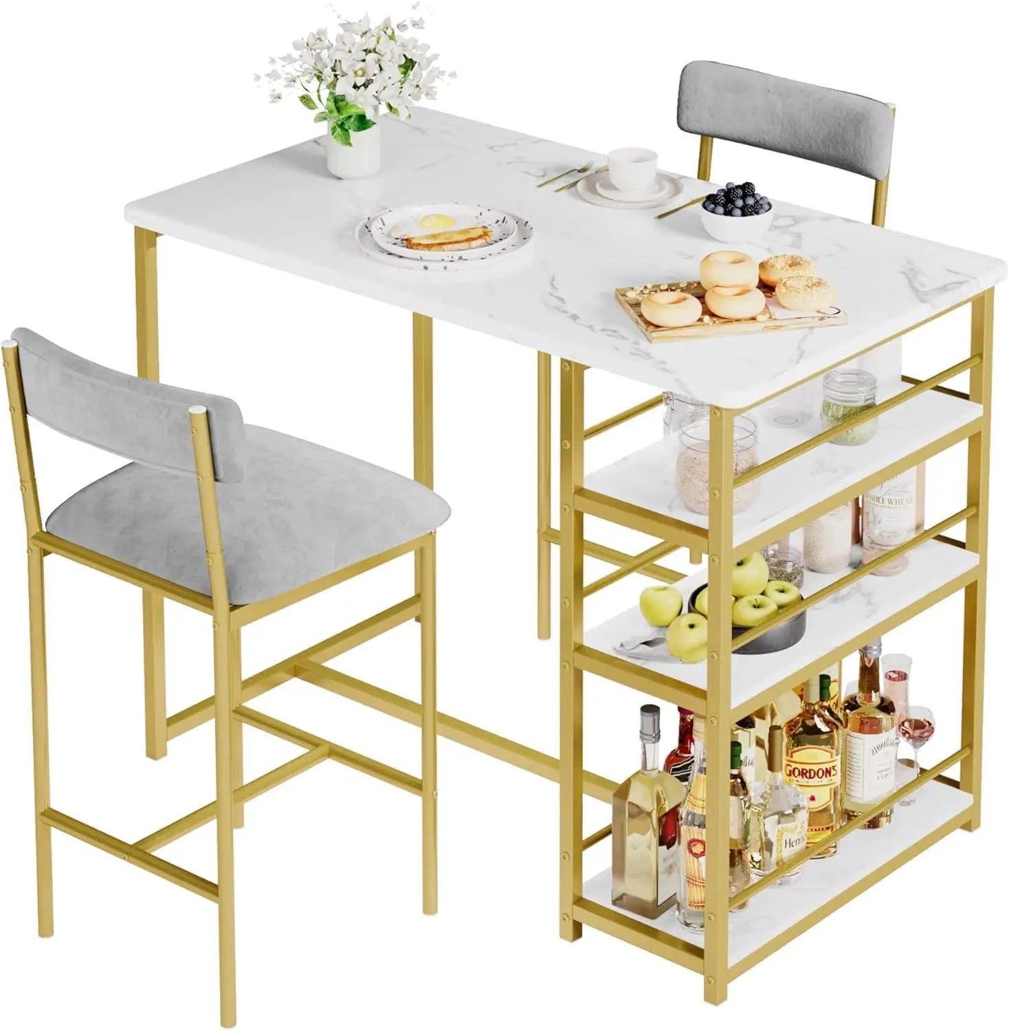 3 Piece Modern Bar Table Set for 2, Space Saving Counter Height Dining Table