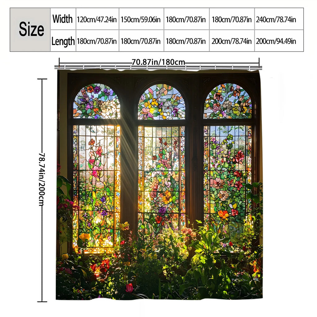 2D Flat, 1pc 2D Stained - Glass Floral Shower Curtain, Bathroom Decor