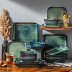 Dinner Set Green Square Kiln Change Glaze Tableware 16 Piece Kitchen Dinnerware