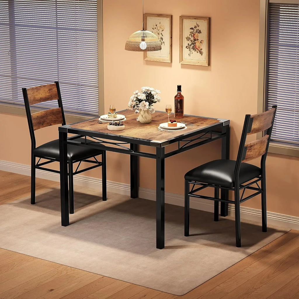 3pcs /set Dining Table Room with Corner Protector, Wood Kitchen Table and Chairs Set of 3 with Upholstered Chairs for Kitchen Room