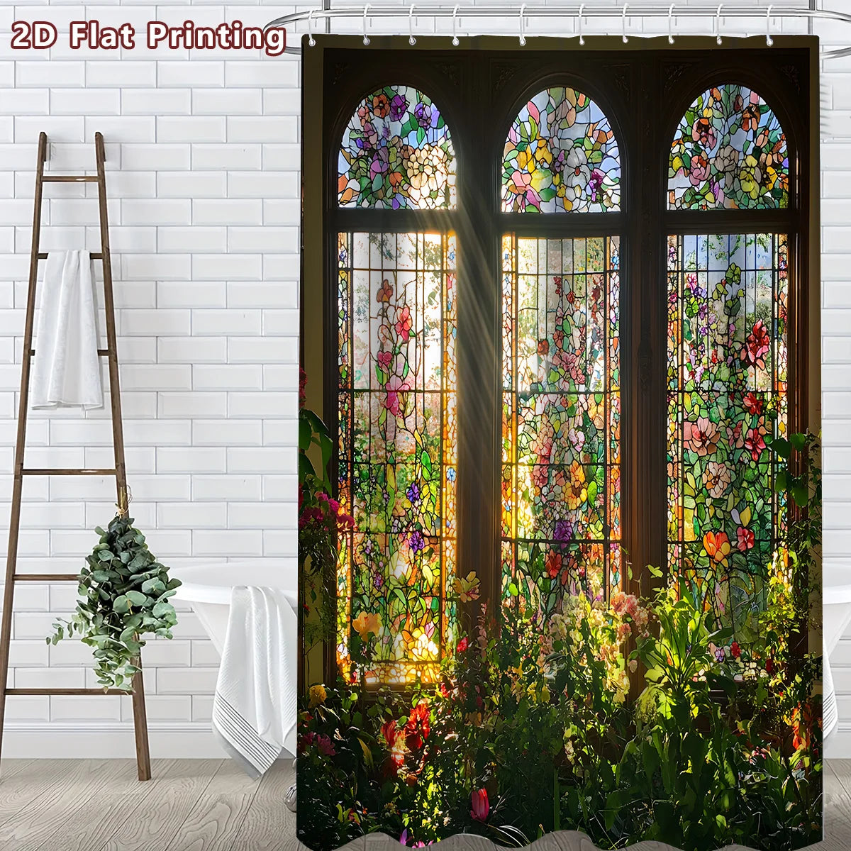 2D Flat, 1pc 2D Stained - Glass Floral Shower Curtain, Bathroom Decor