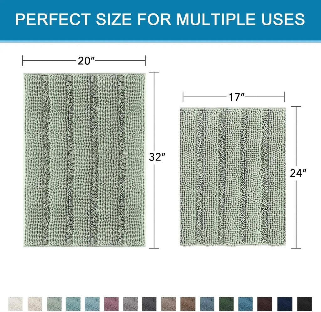 Sage Bathroom Rugs Set of 2 Extra Thick Chenille Striped Shaggy Bath