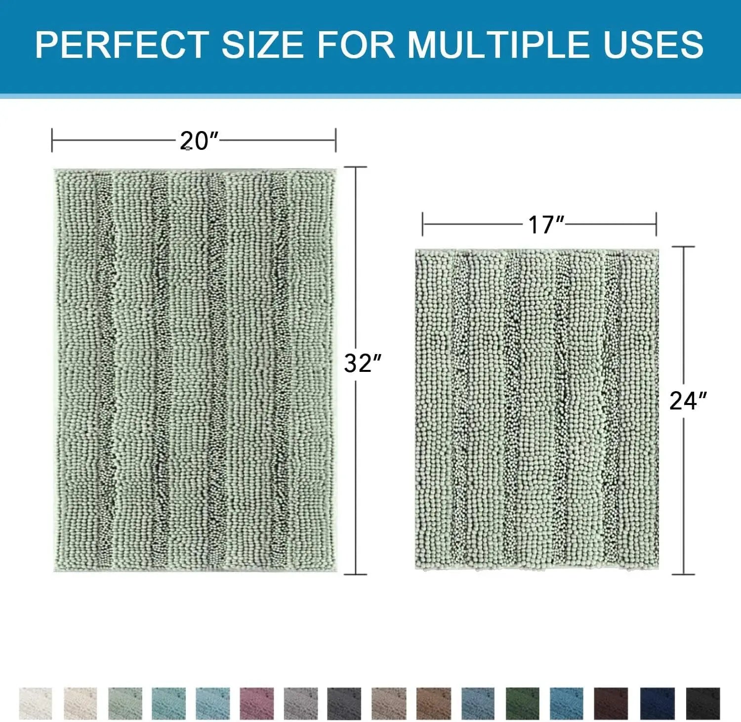 Sage Bathroom Rugs Set of 2 Extra Thick Chenille Striped Shaggy Bath