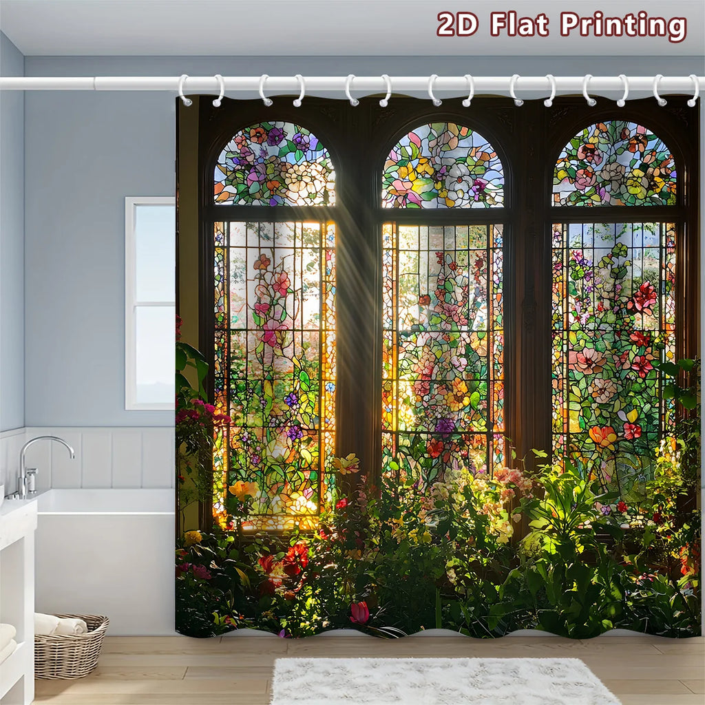 2D Flat, 1pc 2D Stained - Glass Floral Shower Curtain, Bathroom Decor