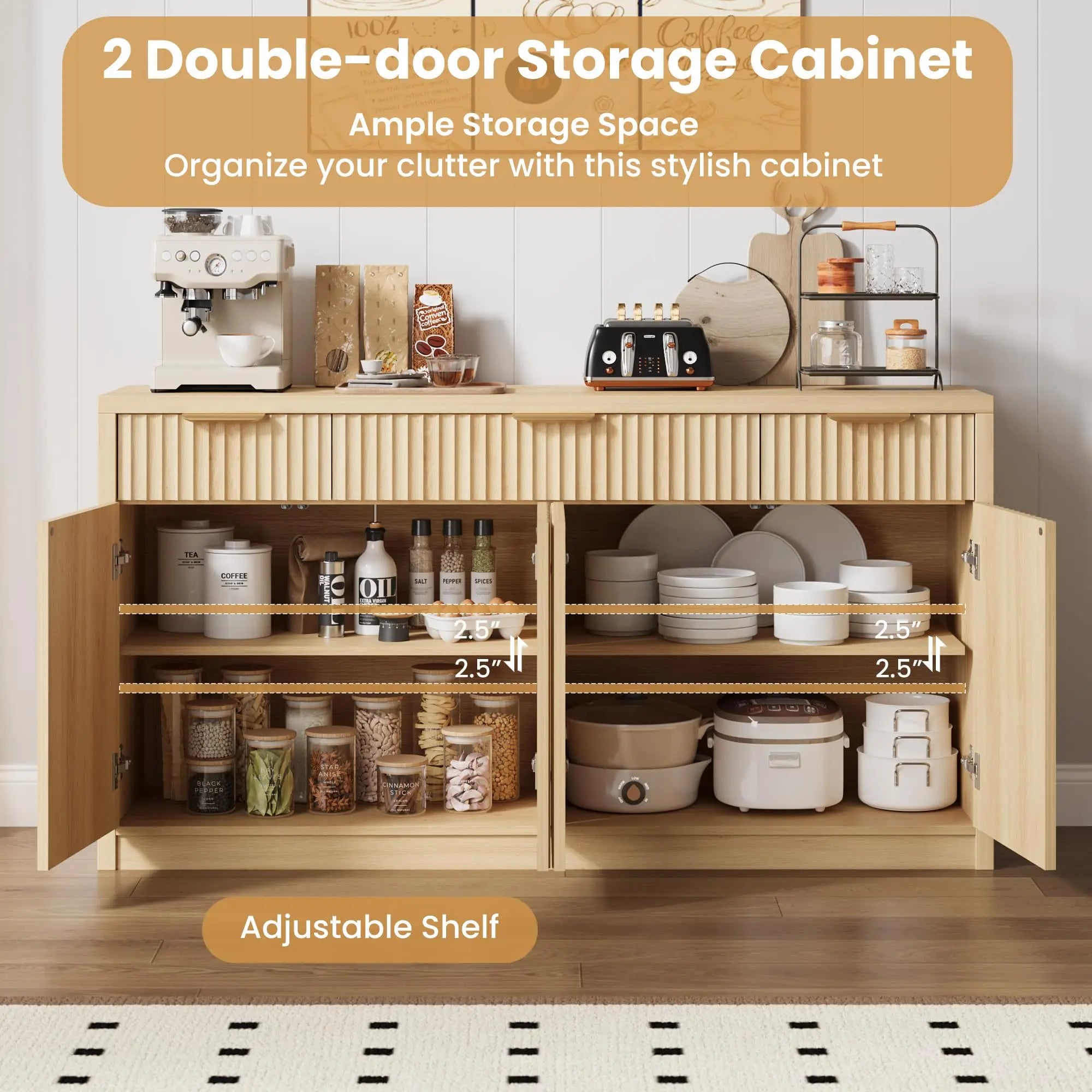 55 Inch Fluted Buffet Sideboard Cabinet