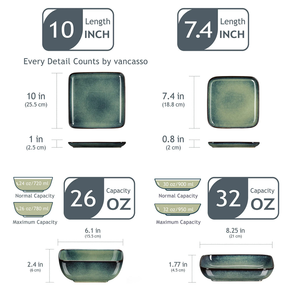 Dinner Set Green Square Kiln Change Glaze Tableware 16 Piece Kitchen Dinnerware