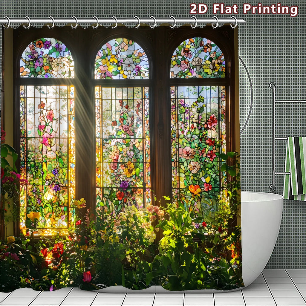 2D Flat, 1pc 2D Stained - Glass Floral Shower Curtain, Bathroom Decor
