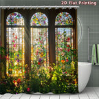 2D Flat, 1pc 2D Stained - Glass Floral Shower Curtain, Bathroom Decor