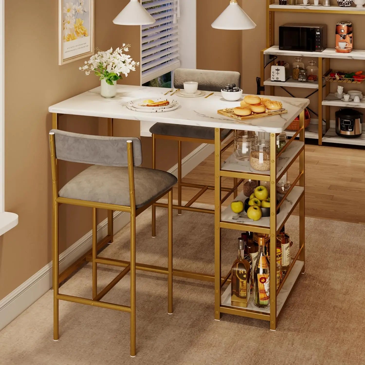 3 Piece Modern Bar Table Set for 2, Space Saving Counter Height Dining Table