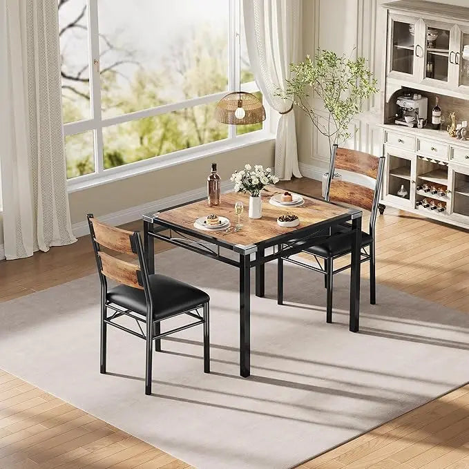 3pcs /set Dining Table Room with Corner Protector, Wood Kitchen Table and Chairs Set of 3 with Upholstered Chairs for Kitchen Room